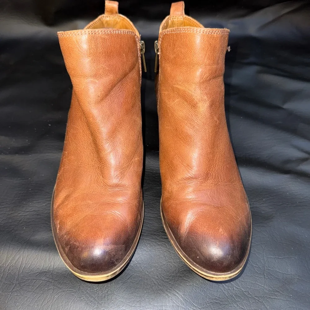 Lucky Brand Basel Cognac Brown Leather Ankle Booties Dual Zip Woman's 11M/41